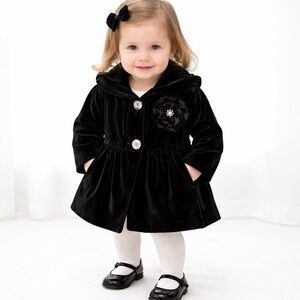 Isobella & Chloe Toddler Girl Black Velvet Flower Hooded Peplum Coat 24M